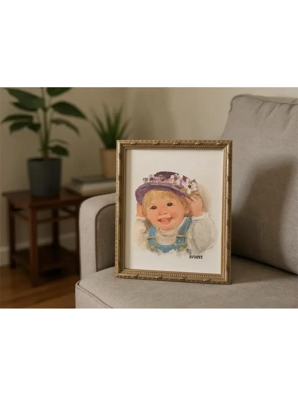 Charming Pair of Vintage Child Portrait Paintings in Gold Frames